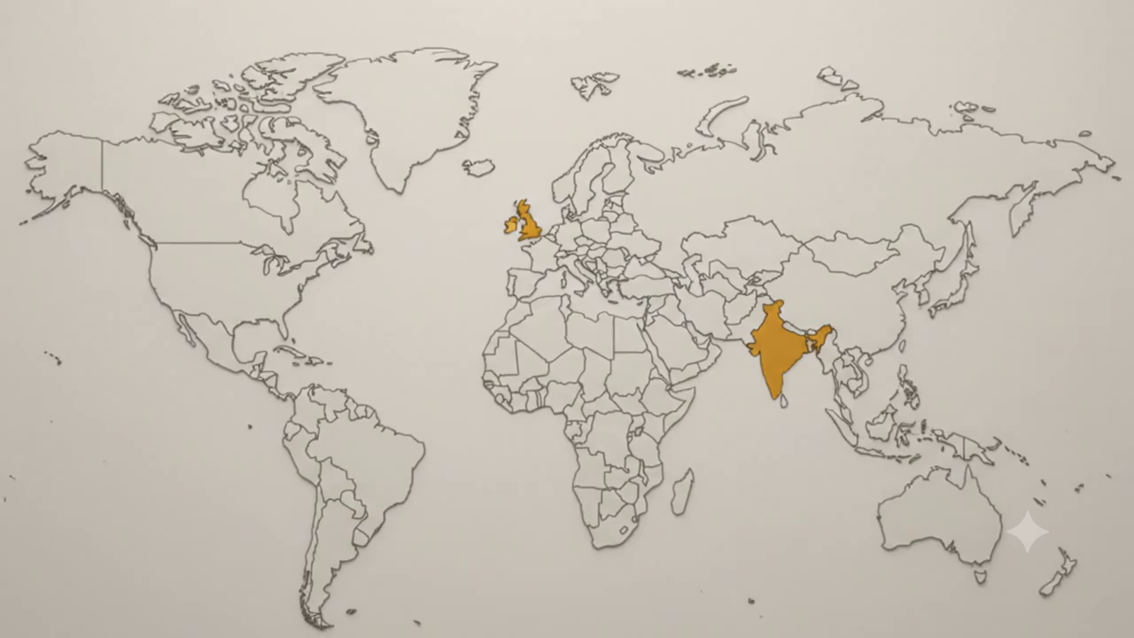 World map animation beginning with India and the United Kingdom highlighted